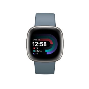 FitBit Versa 4, Platinum Aluminum Case, Waterfall Blue Band