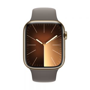 Apple Watch Series 9, 45mm Gold Stainless Steel Case with Clay Sport Band - S/M, Cellular