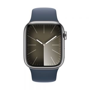Apple Watch Series 9, 41mm Silver Stainless Steel Case with Storm Blue Sport Band - M/L, Cellular