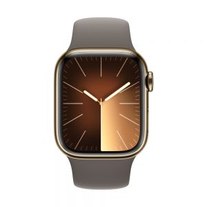 Apple Watch Series 9, 41mm Gold Stainless Steel Case with Clay Sport Band - S/M, Cellular
