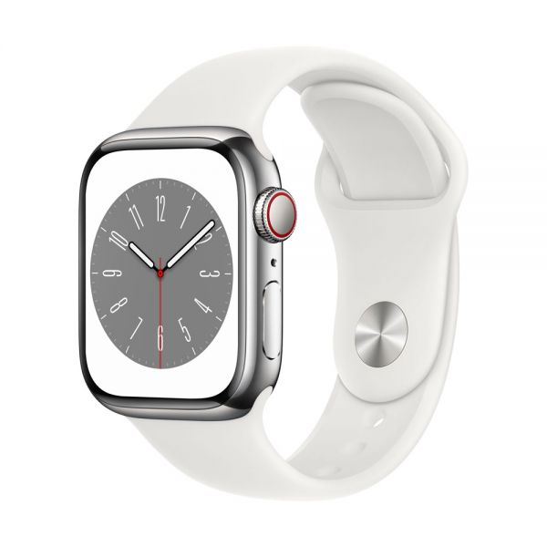 Apple Watch Series 8, 41mm Silver Stainless Steel Case, White 