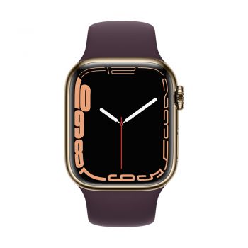 Apple Watch Series 7, 41mm Gold Stainless Steel Case, Dark Cherry Sport Band, Cellular