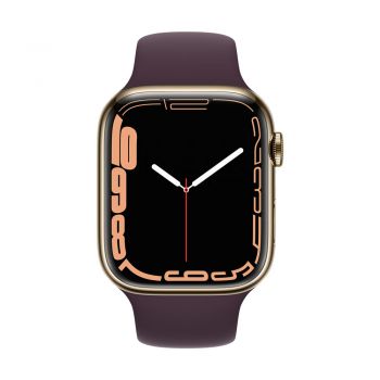 Apple Watch Series 7, 45mm Gold Stainless Steel Case, Dark Cherry Sport Band, Cellular