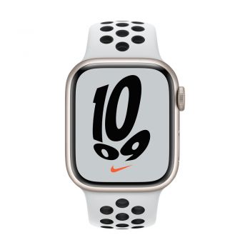 Apple Watch Series 7, 41mm Starlight Aluminum Case, Pure Platinum/Black Nike Sport Band