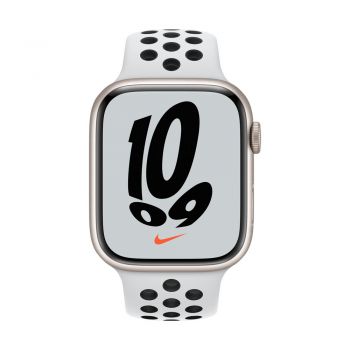 Apple Watch Series 7, 45mm Starlight Aluminum Case, Pure Platinum/Black Nike Sport Band