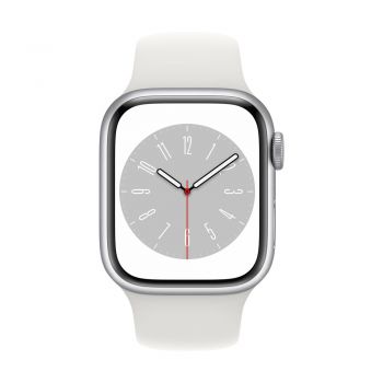 Apple Watch Series 8, 41mm Silver Aluminum Case, White Sport Band M/L