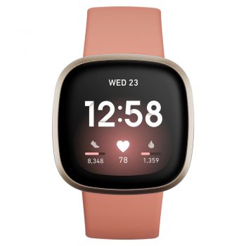Fitbit Versa 3, Gold Aluminum Case, Pink Clay Band