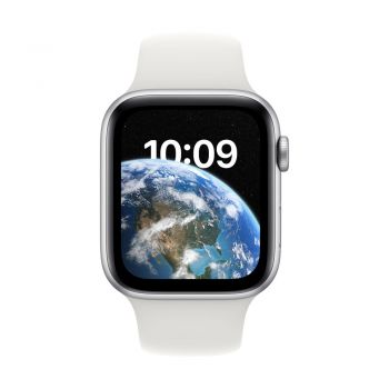 Apple Watch SE (2nd Gen), 44mm Silver Aluminum Case, White Sport Band S/M, Cellular