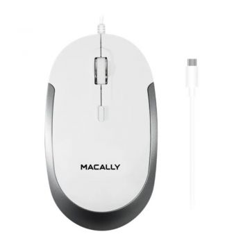 Macally USB-C Optical Silent Click Mouse, White with Silver Trim